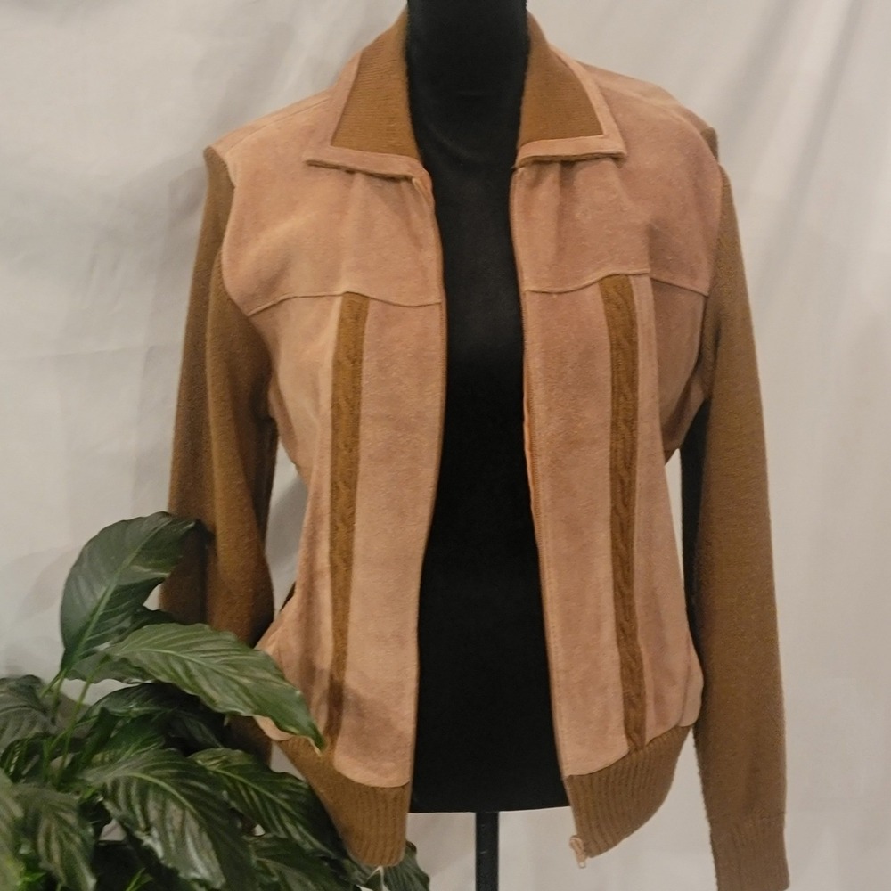 Vintage Mister Man Suede Leather Knit Bomber‎ Jacket Brown Tan Mens Large Zip Up
